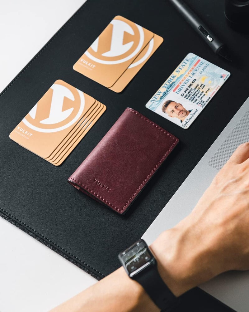 VULKIT Leather Business Card Holder 2 Sided Slim Business Name Card Organizer for Men or Women, Up to hold 20 cards (Vintage Wine) - Image 5